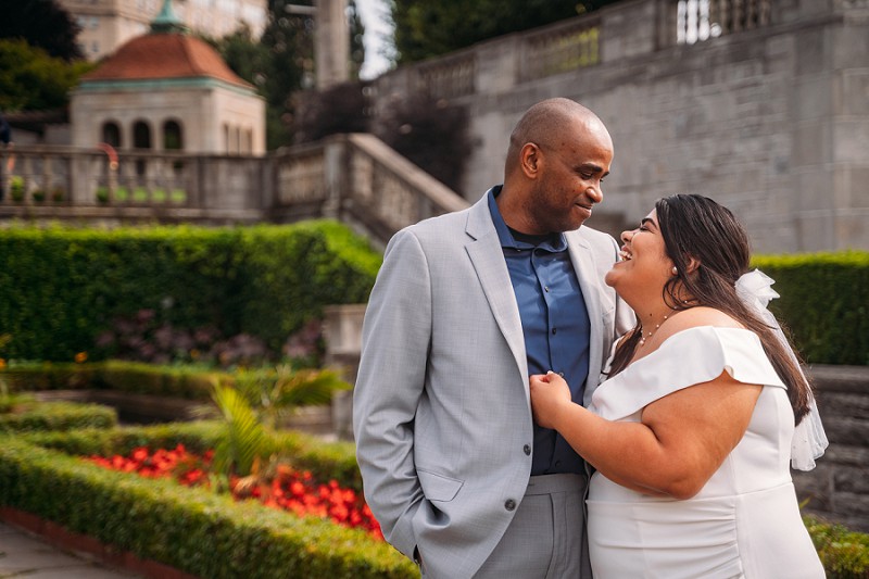 bride and groom laughing