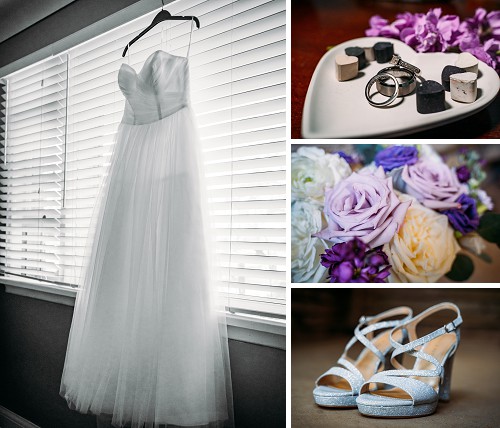 wedding dress, flowers and shoes