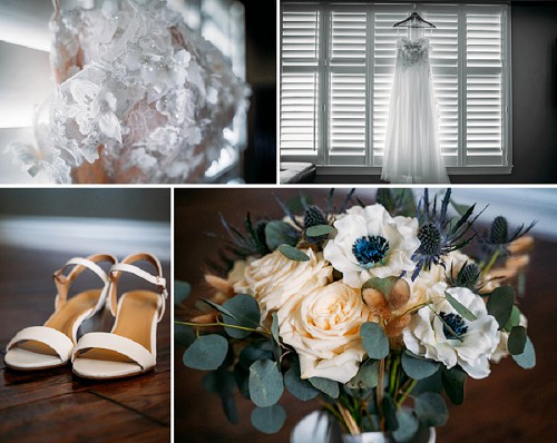 wedding dress, flowers and shoes