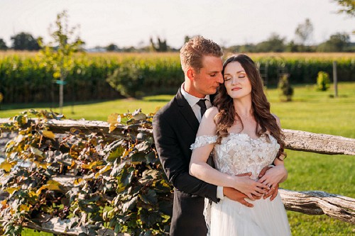 romantic moment between bride and groom