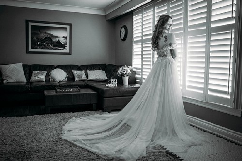 flowy wedding dress from behind