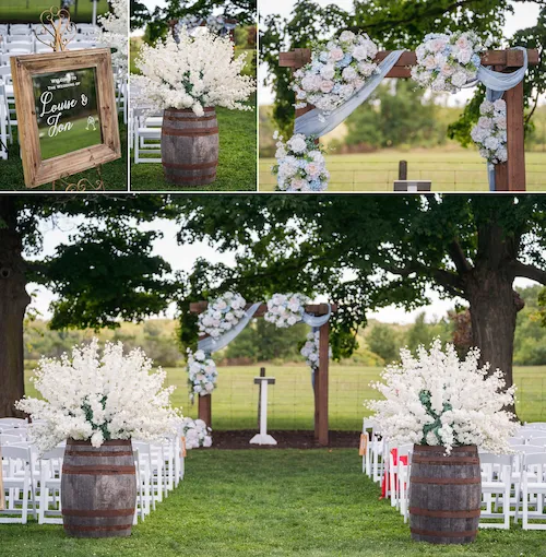 Outdoor ceremony decorations in the meadow at Maple Meadows Farm in Port Colborne