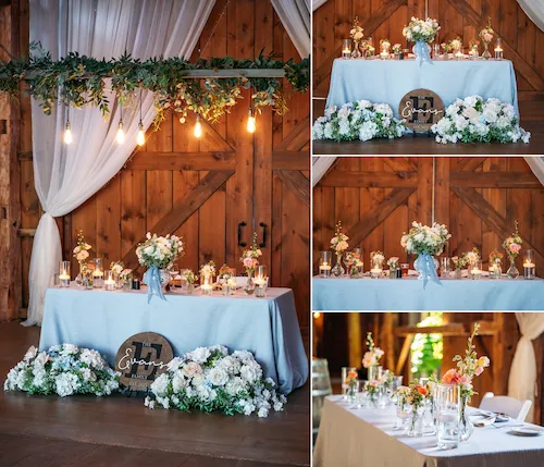 Head table set up near the dance floor inside the Maple Meadows Farm barn