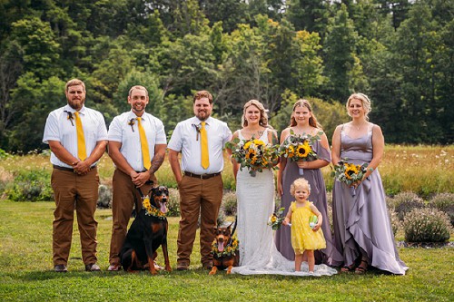 wedding party portrait with dogs