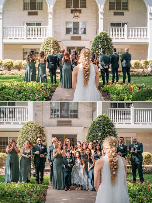 Wedding party's joyful reaction to bride during first look reveal