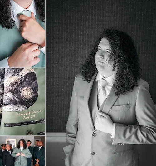 Groom's custom jacket detail before the ceremony at The Madison Hotel