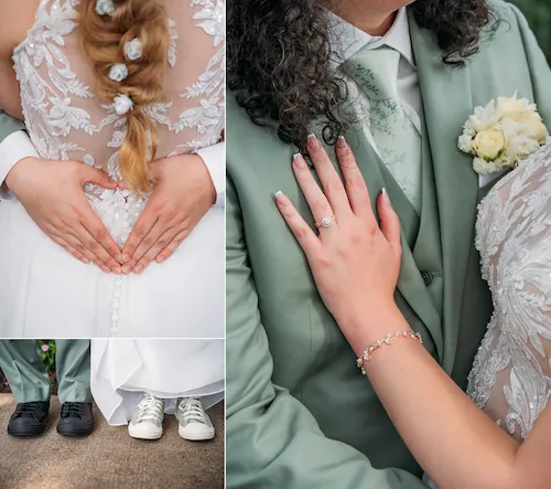 detail shots of rings, shoes and hands at wedding