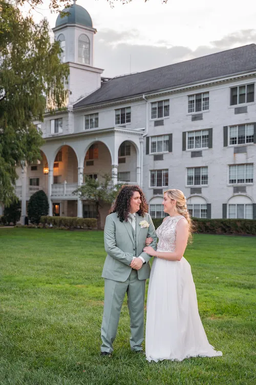 portrait of bride and groom at sunset at the madison hotel, nj