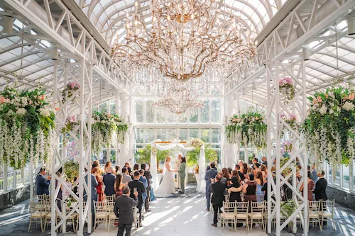 wide angle of the Conservatory wedding ceremony at the Madison Hotel, NJ