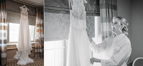 Bride smiling while holding her wedding dress inside The Madison Hotel