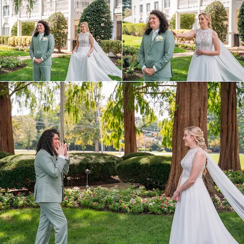 First look outside The Madison Hotel between bride and groom