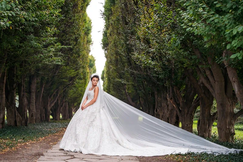 bridal portrait with long veil at botanical gardens in niagara falls