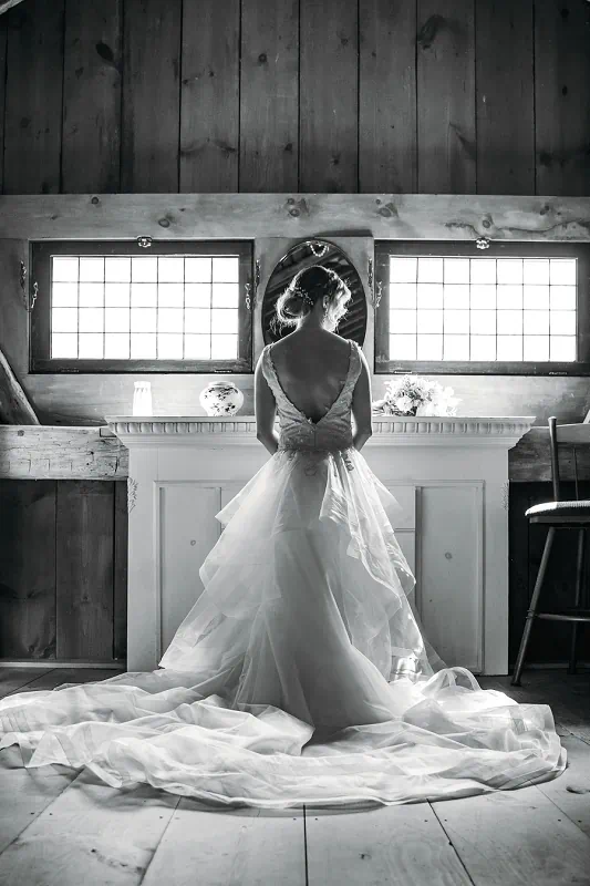 black and white bridal portrait at Maple Meadows Farm