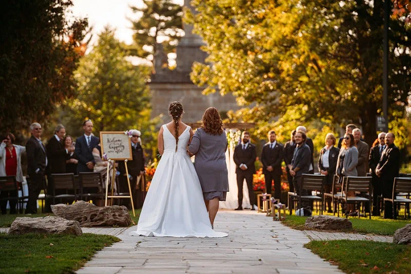 bride walking down aisle outdoor wedding ceremony Queenston Heights